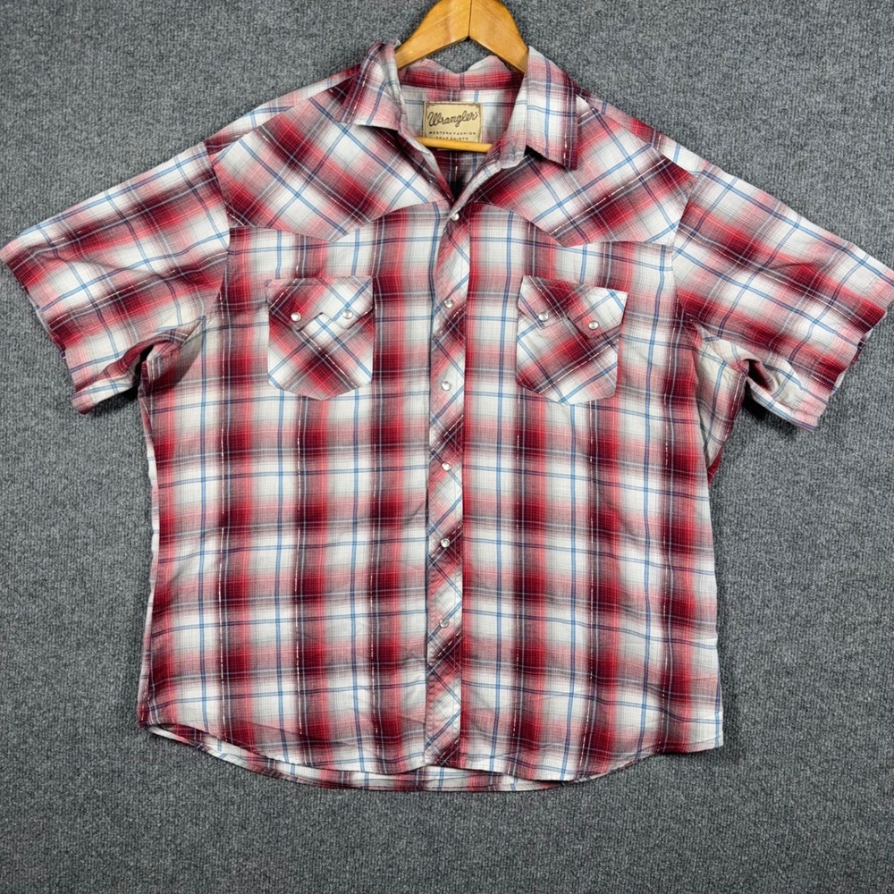 Wrangler Western Shirt Mens Plaid Pearl Snap short Sleeve Red